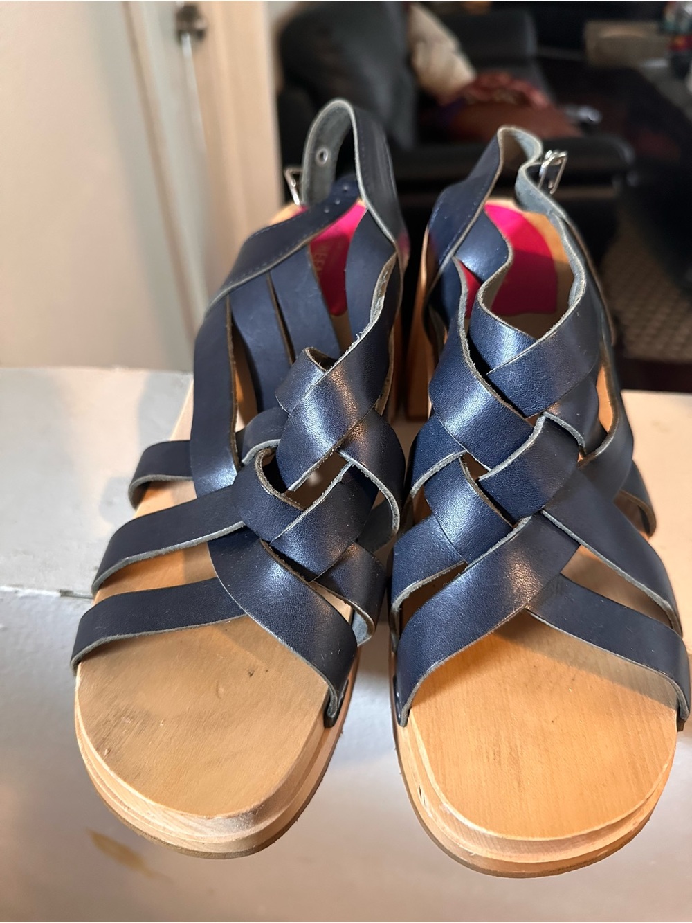 Swedish Hasbeens Navy Woven Leather Platform Sandals